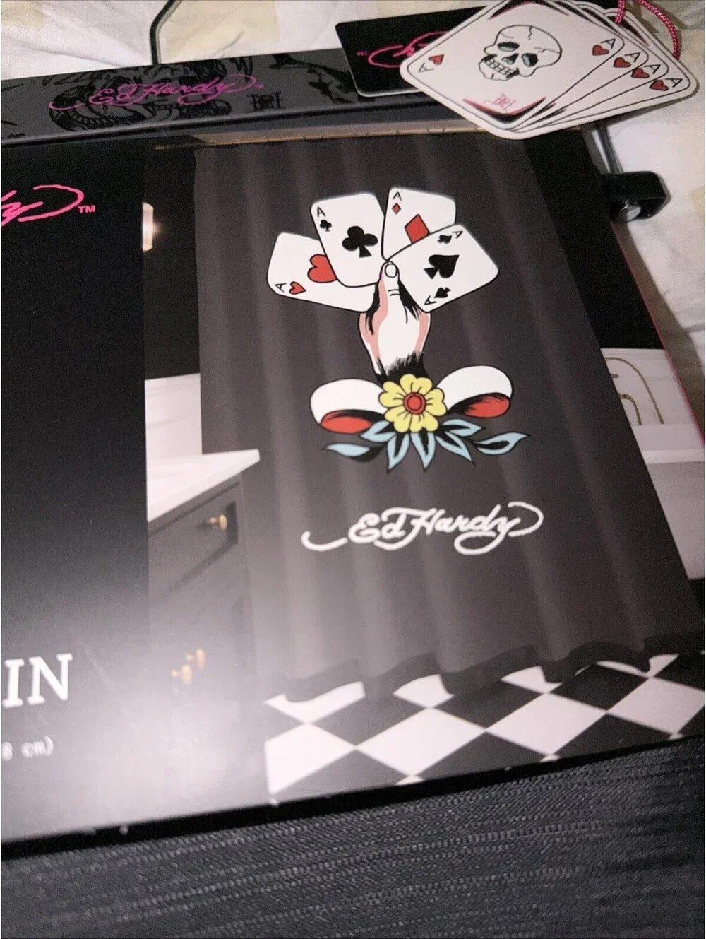 Ed Hardy Satin Black Graphic Dice Print Tassle Shower Curtain NWT